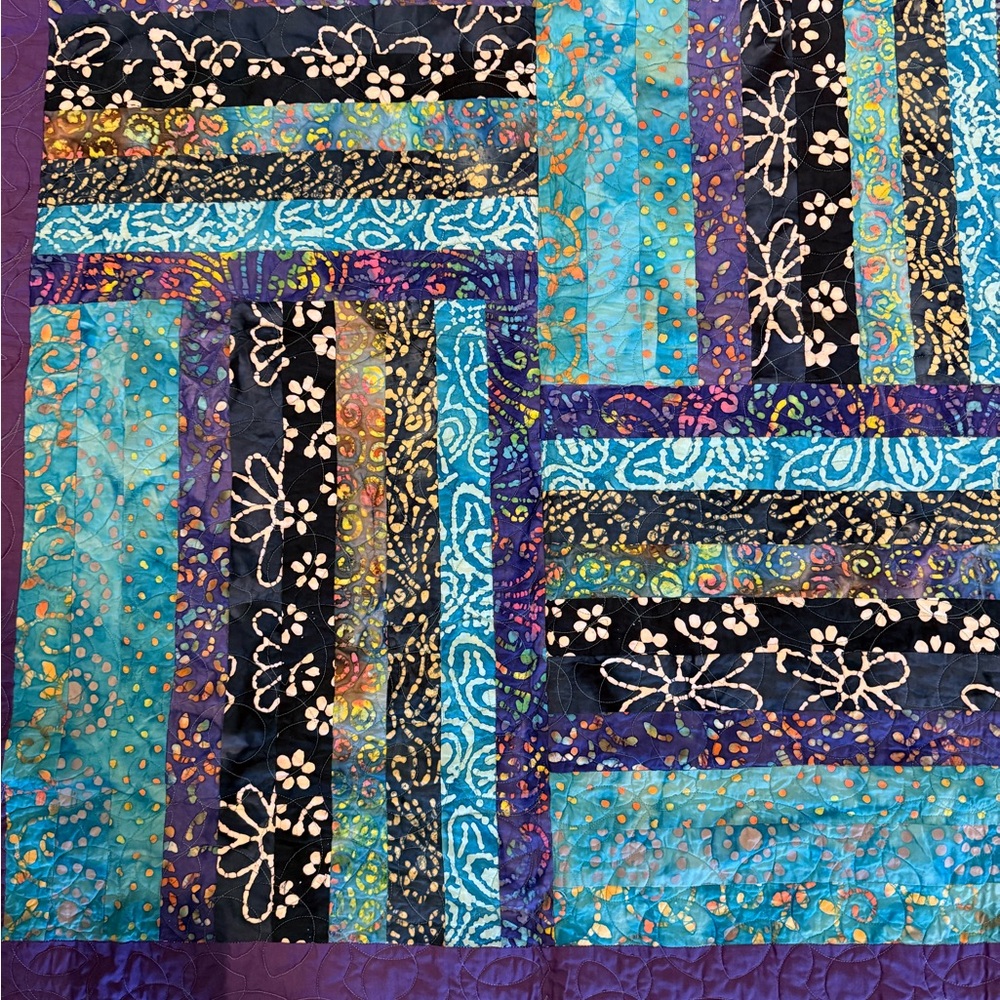 Vintage Handmade Colorful Patchwork Quilt Blue and Purple